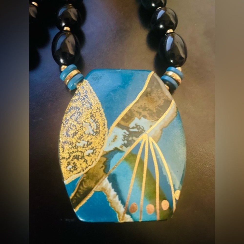 Turquoise Blue, Gold and Black Bead Necklace - Picture 3 of 7